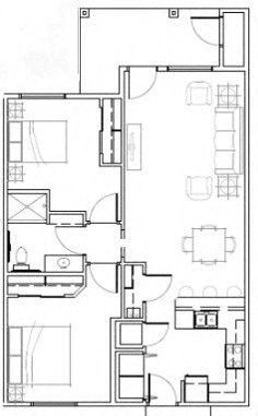 Floor plan for 2 beds, 1 bath, 899 sqft